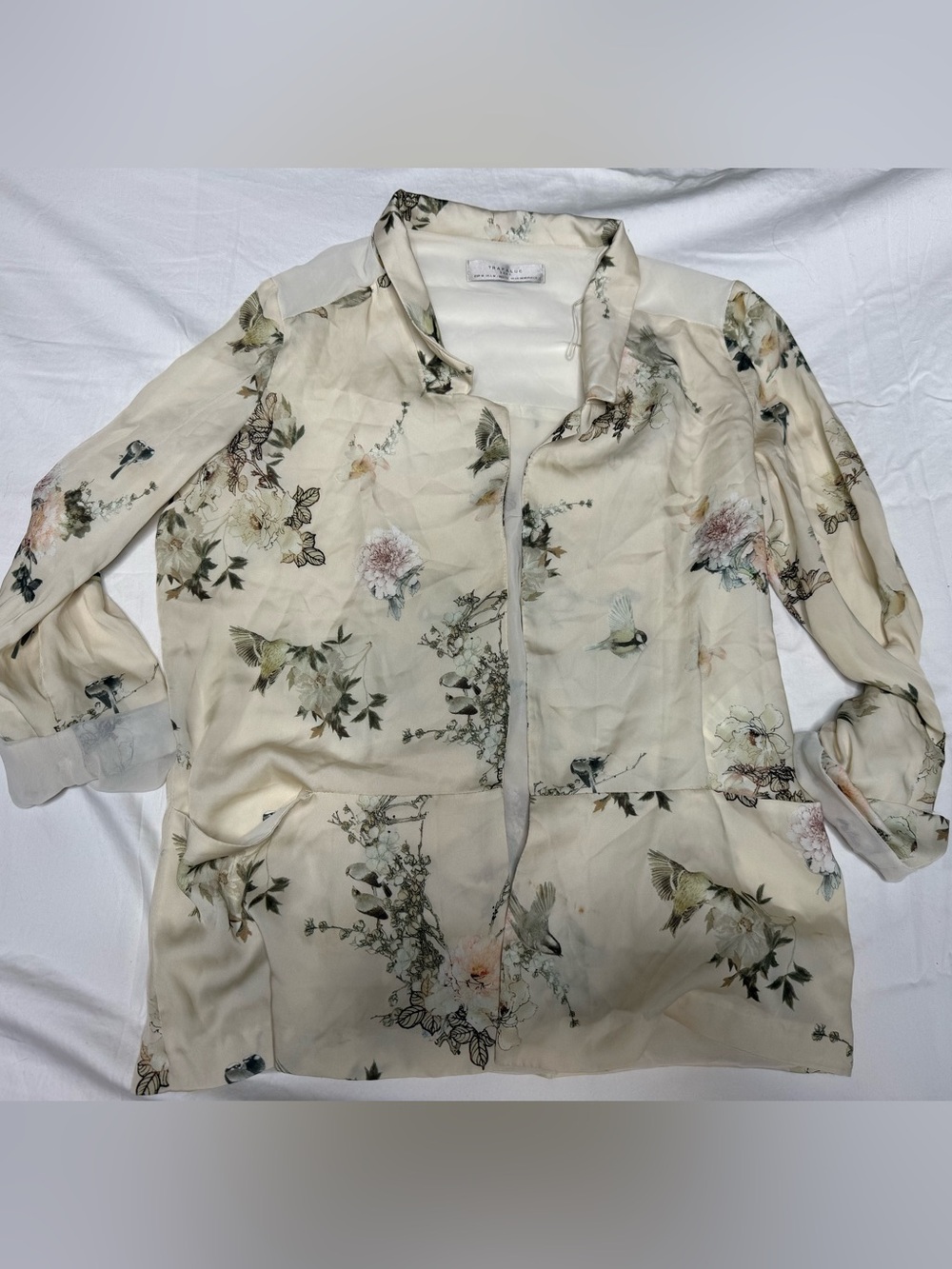 Zara Trafaluc Floral Bird Print Blouse Women’s Medium Sheer Long Sleeve Cream